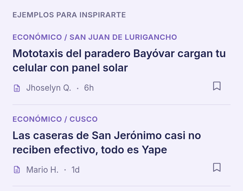 Pantalla de inicio en Mirai: dos señales publicadas con su tipo y lugar, «Mototaxis del paradero Bayóvar cargan tu celular con panel solar» y «Las caseras de San Jerónimo casi no reciben efectivo, todo es Yape»